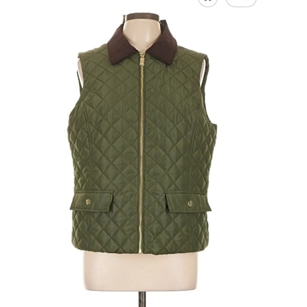 Jones New York Equestrian Preppy Olive Green Quilted Vest Women Size M